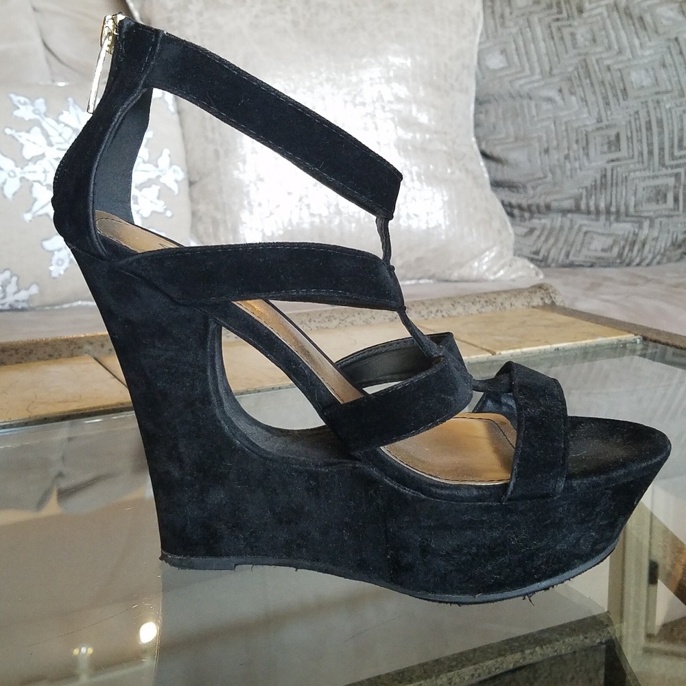 Strappy faux black suede wedge heel